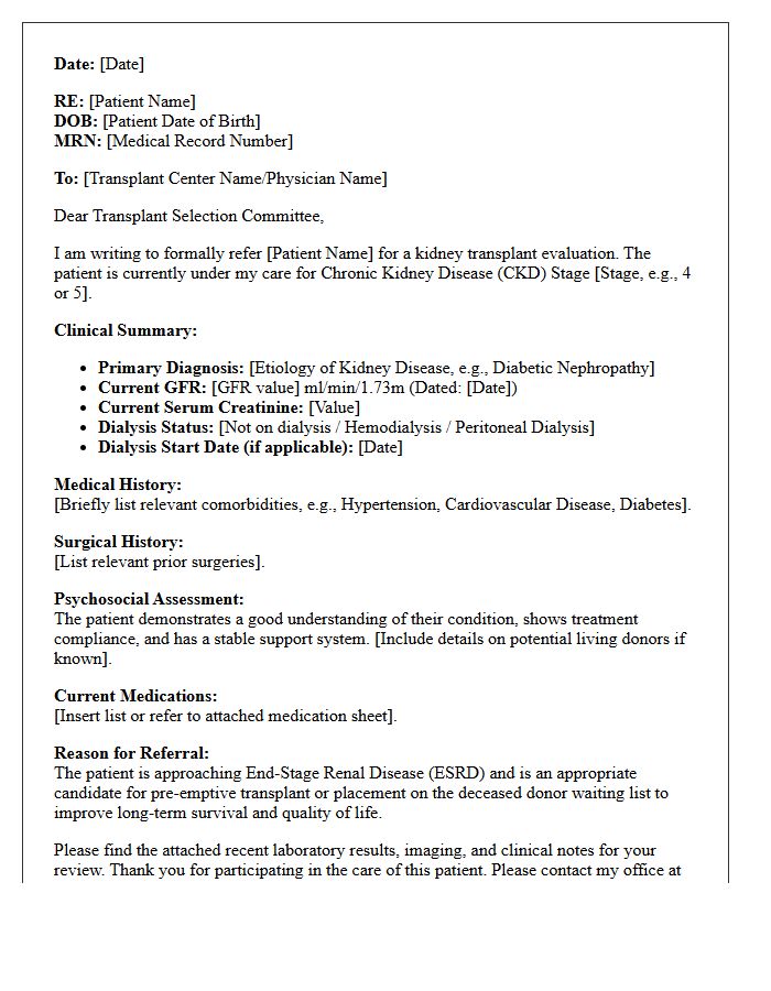 Transplant Evaluation Nephrology Chronic Kidney Disease Consultation Letter