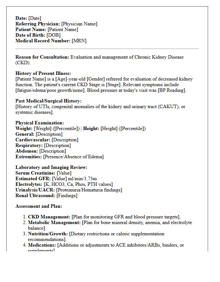 Pediatric Nephrology Chronic Kidney Disease Consultation Letter