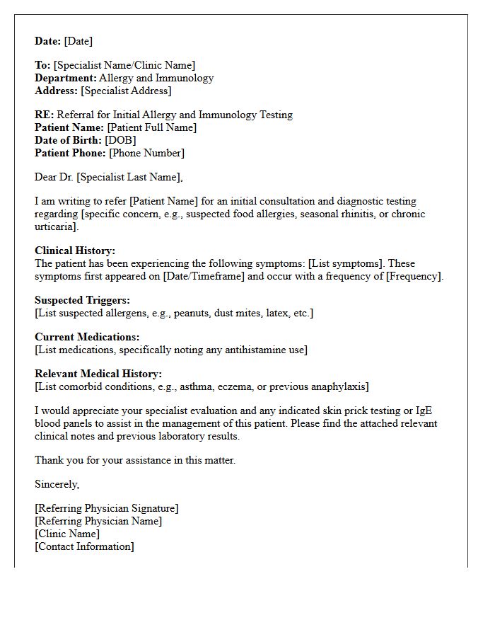 Initial Allergy and Immunology Testing Consultation Referral Letter