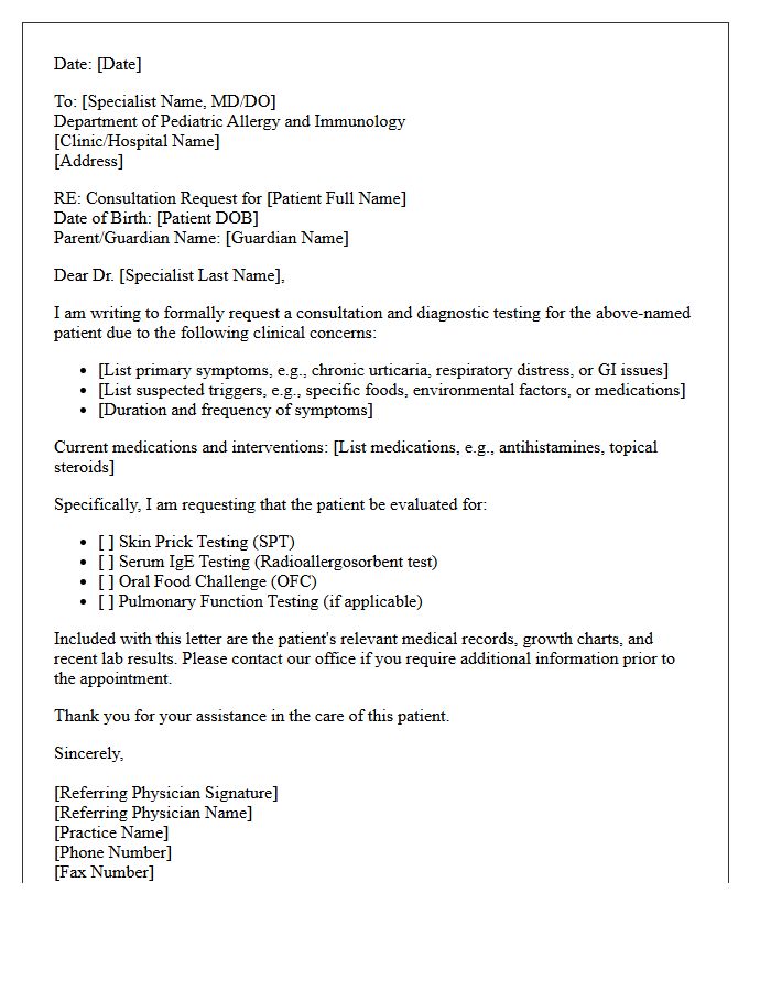 Pediatric Allergy and Immunology Testing Consultation Request Letter