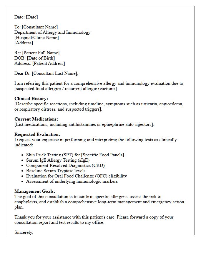 Comprehensive Food Allergy and Immunology Testing Consultation Letter