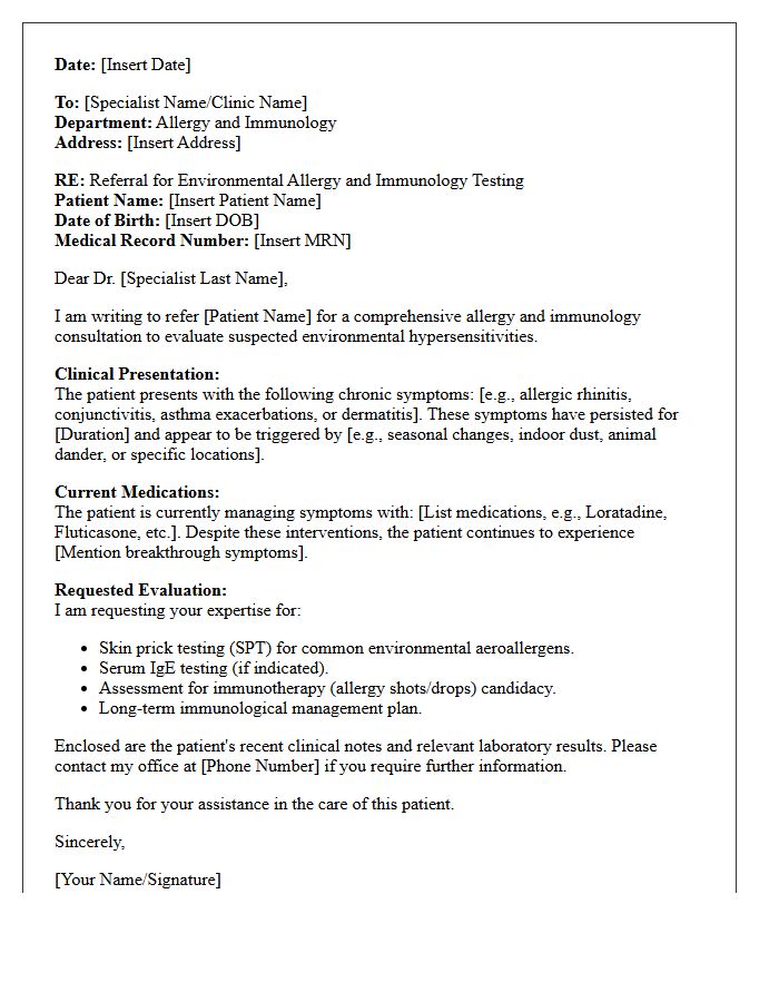 Environmental Allergy and Immunology Testing Consultation Letter