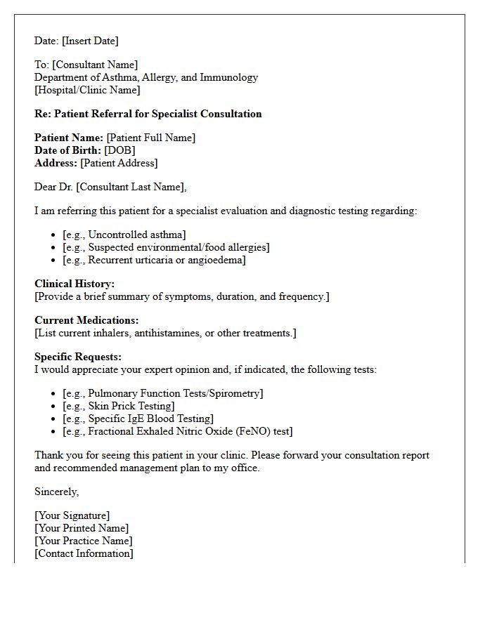 Asthma and Immunology Testing Specialist Consultation Letter