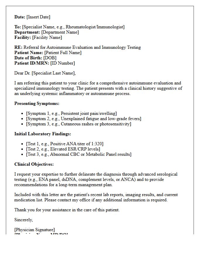 Autoimmune Evaluation and Immunology Testing Consultation Letter