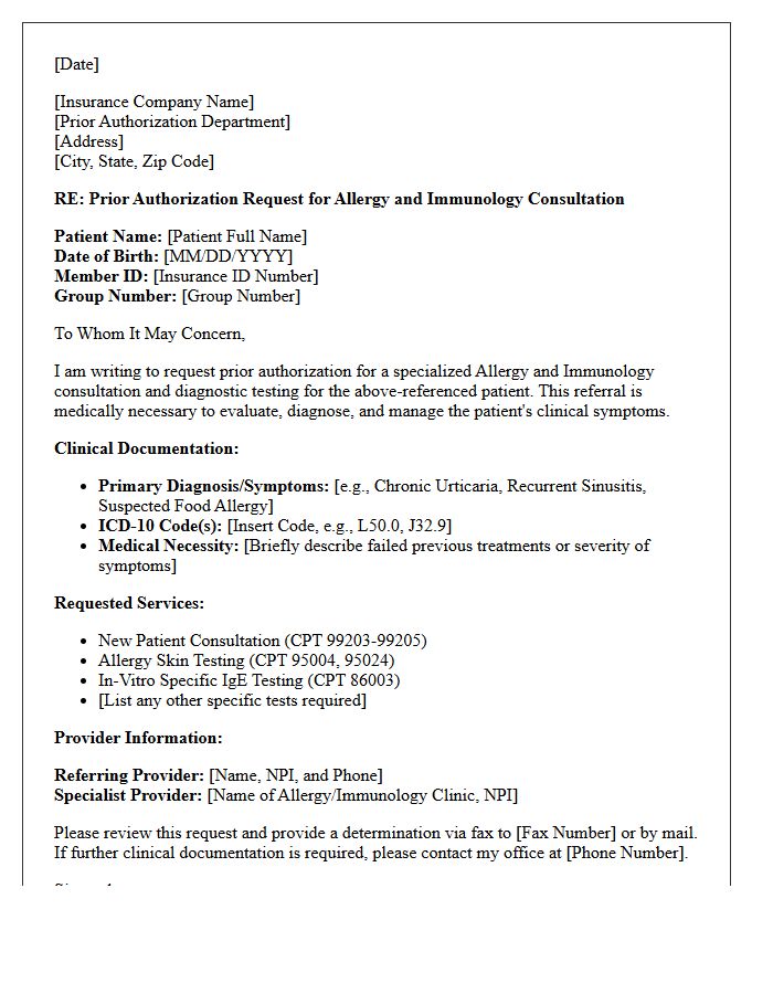 Insurance Prior Authorization Letter for Allergy and Immunology Testing Consultation