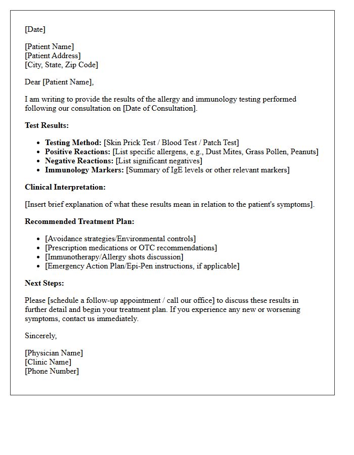 Post-Consultation Allergy and Immunology Testing Results Letter