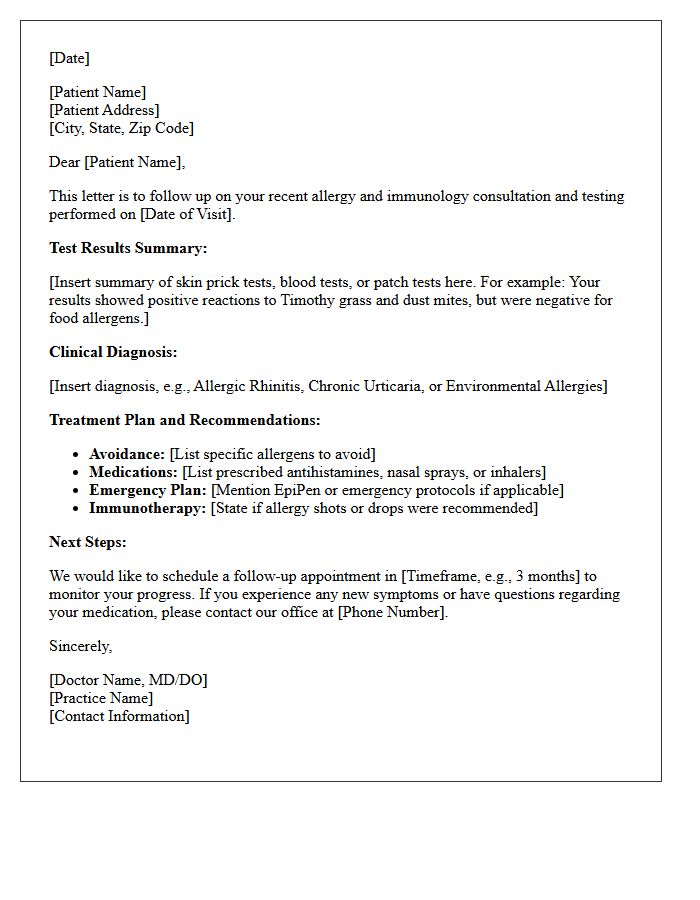 Allergy and Immunology Testing Consultation Follow-Up Letter