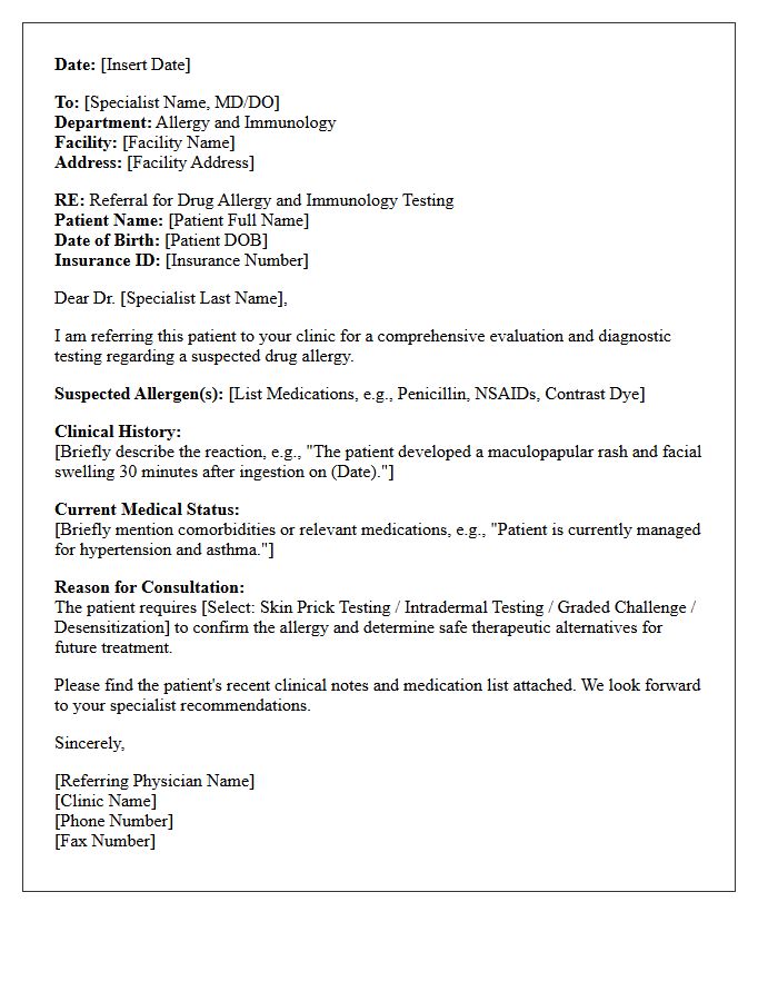 Drug Allergy and Immunology Testing Consultation Request Letter