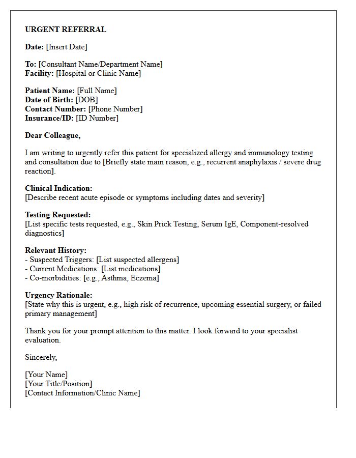 Urgent Allergy and Immunology Testing Consultation Referral Letter