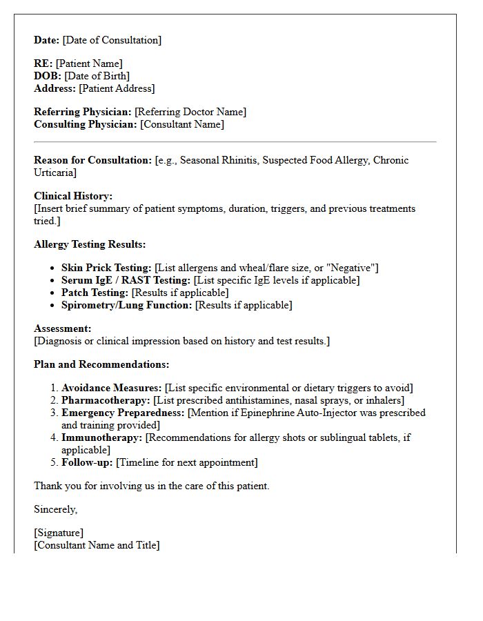 Routine Allergy and Immunology Testing Clinic Consultation Letter