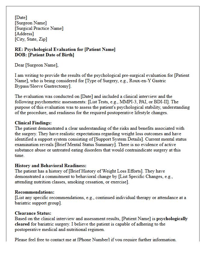 Standard Bariatric Surgery Psychological Clearance Consultation Letter