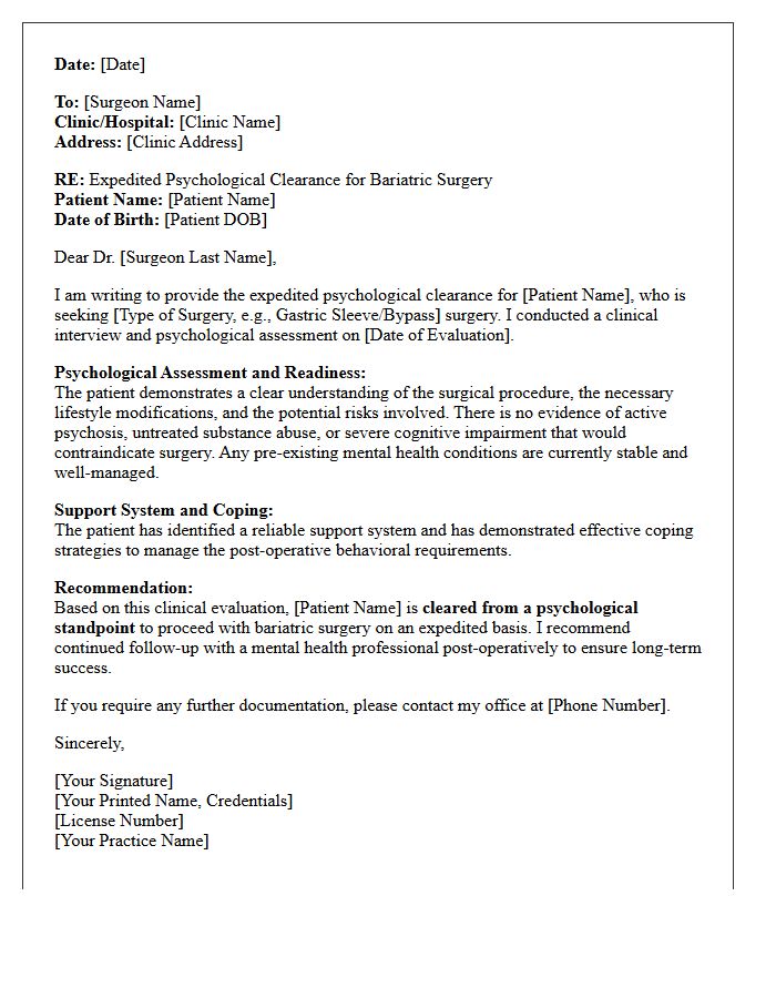 Expedited Bariatric Surgery Psychological Clearance Consultation Letter