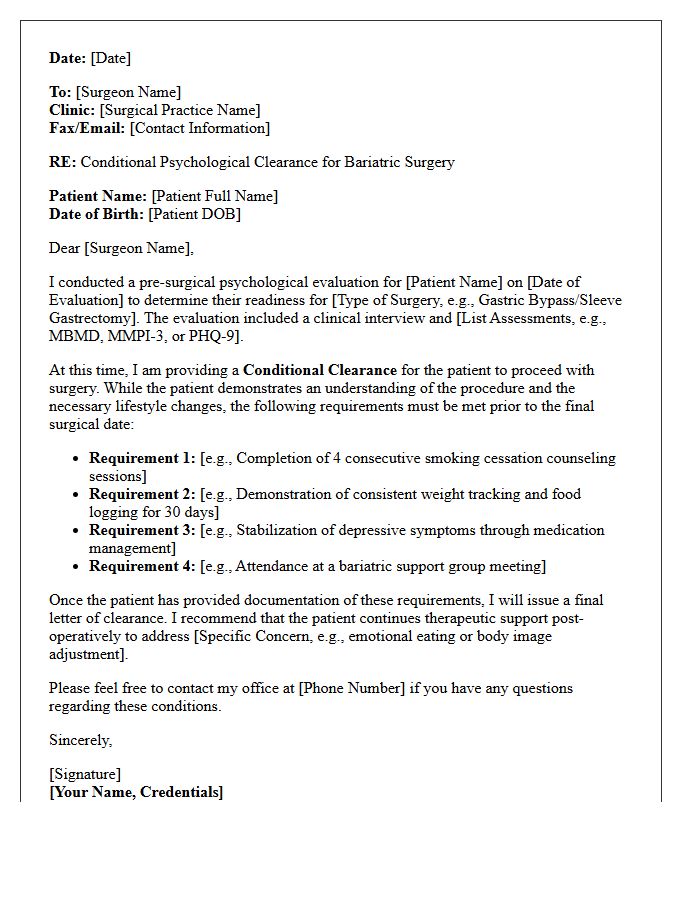 Conditional Bariatric Surgery Psychological Clearance Consultation Letter