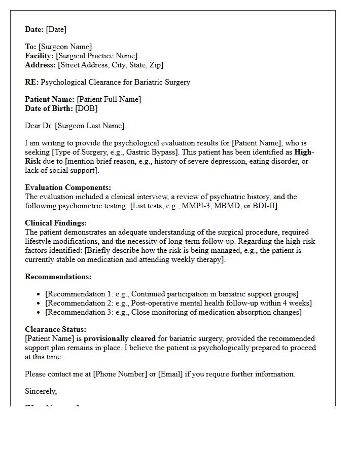 High-Risk Bariatric Surgery Psychological Clearance Consultation Letter