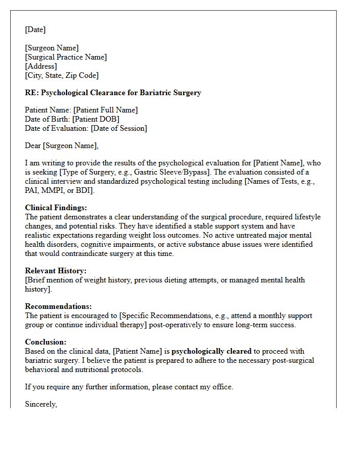 Pre-Operative Bariatric Surgery Psychological Clearance Consultation Letter