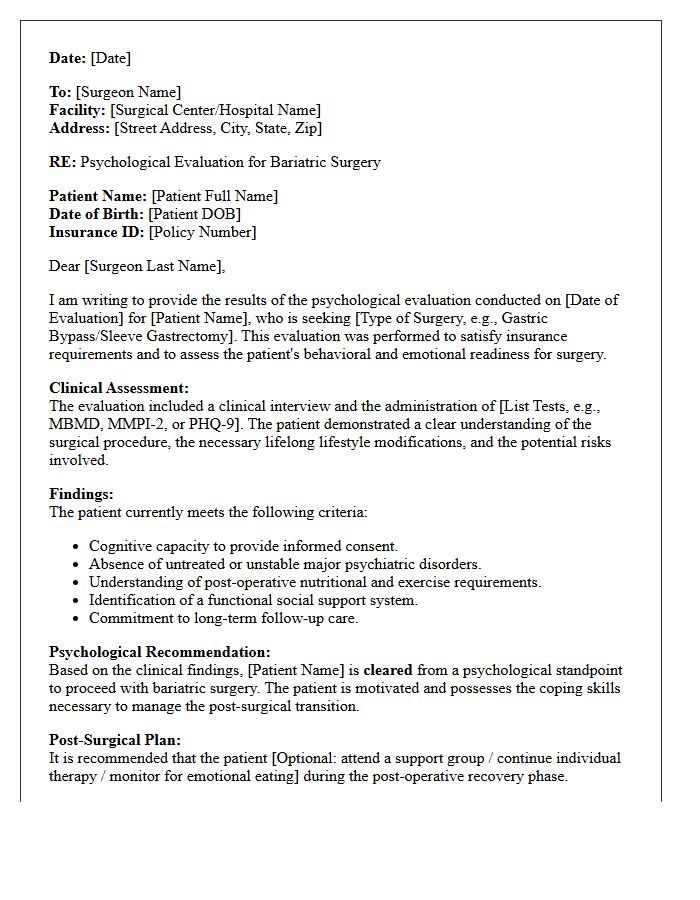 Insurance-Mandated Bariatric Surgery Psychological Clearance Consultation Letter