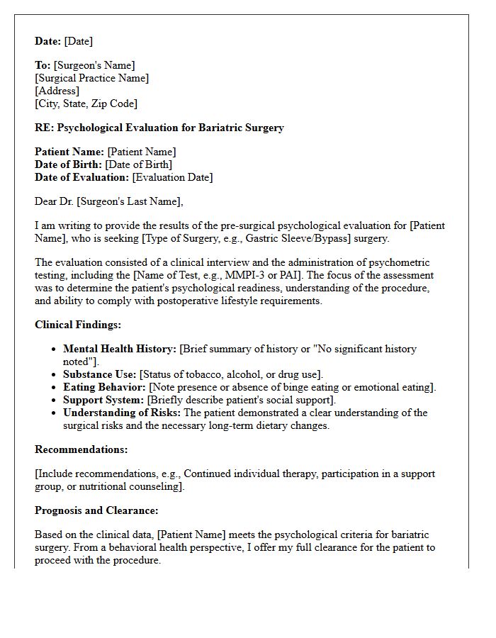 Post-Evaluation Bariatric Surgery Psychological Clearance Consultation Letter