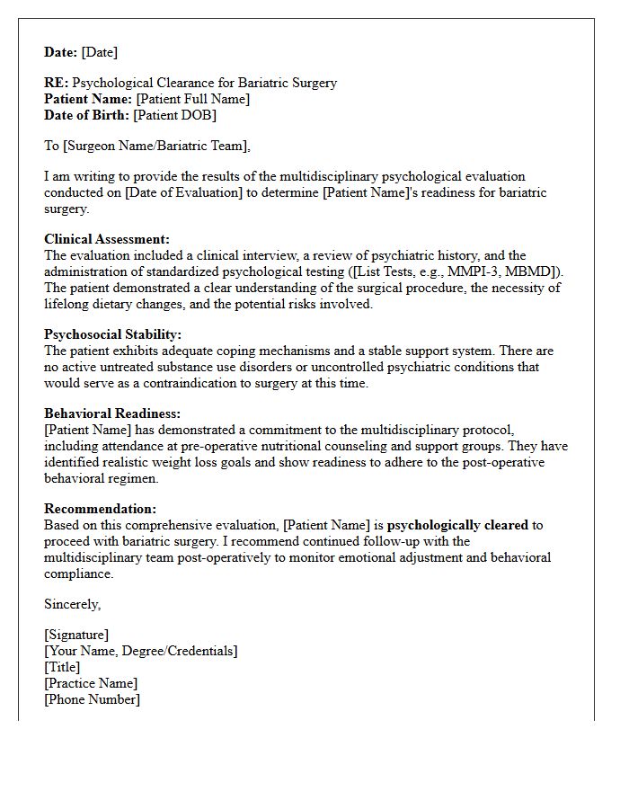 Multidisciplinary Bariatric Surgery Psychological Clearance Consultation Letter