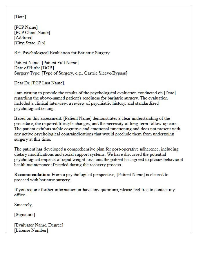Primary Care Provider Bariatric Surgery Psychological Clearance Consultation Letter