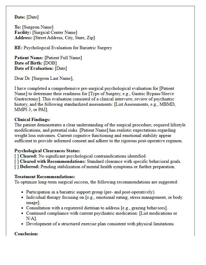 Bariatric Surgery Psychological Clearance Consultation Letter With Treatment Recommendations