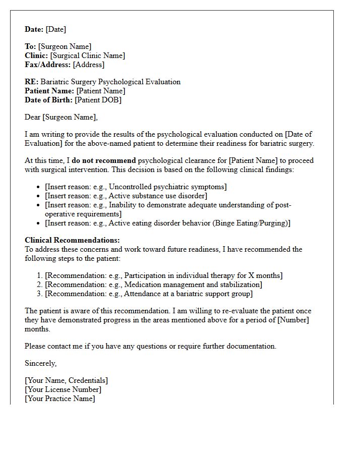 Bariatric Surgery Psychological Clearance Consultation Letter For Clearance Denial