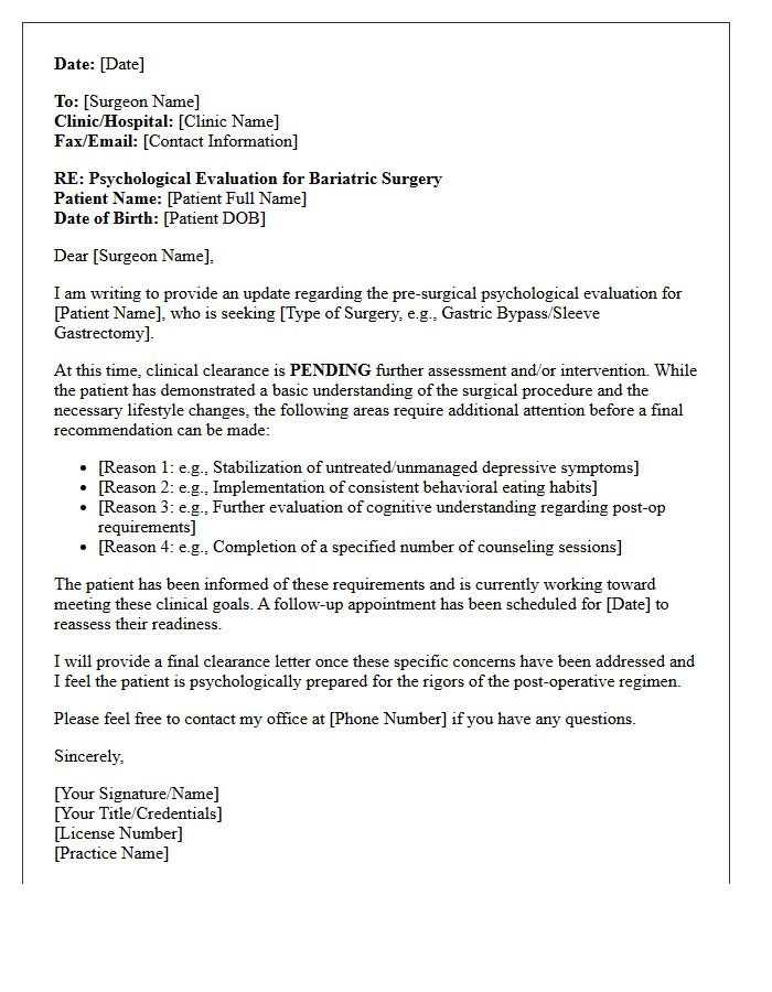 Bariatric Surgery Psychological Clearance Consultation Letter Pending Further Assessment