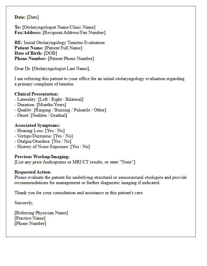 Initial Otolaryngology Tinnitus Evaluation Referral Letter