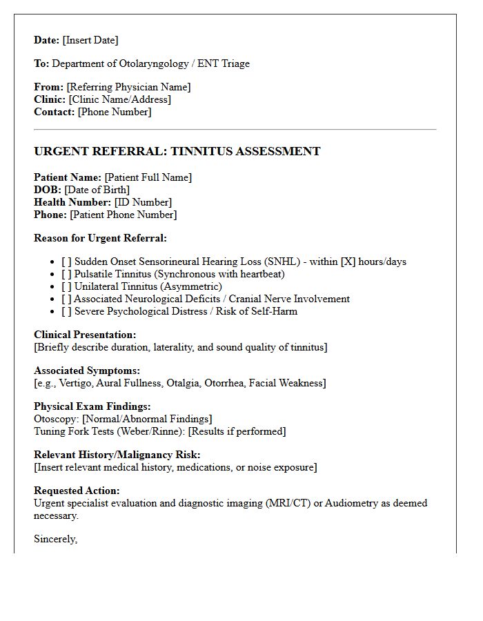 Urgent Otolaryngology Tinnitus Assessment Referral Letter