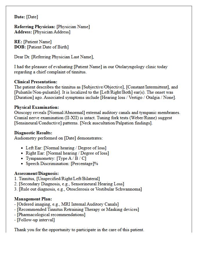 Otolaryngology Tinnitus Diagnostic Summary Consultation Letter