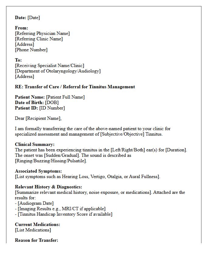 Medical Clinic Tinnitus Specialist Transfer of Care Letter