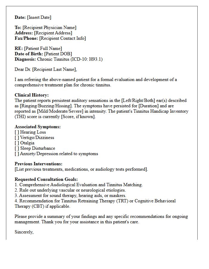 Chronic Tinnitus Evaluation and Treatment Plan Consultation Letter