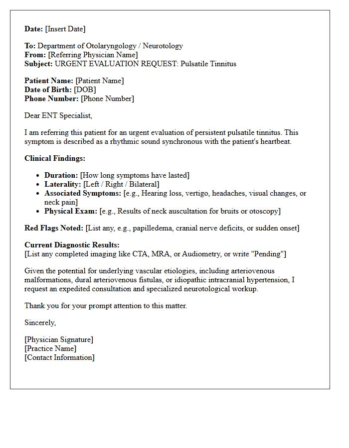 Otolaryngology Pulsatile Tinnitus Urgent Evaluation Letter