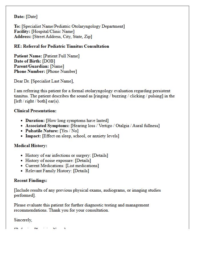 Pediatric Otolaryngology Tinnitus Consultation Referral Letter