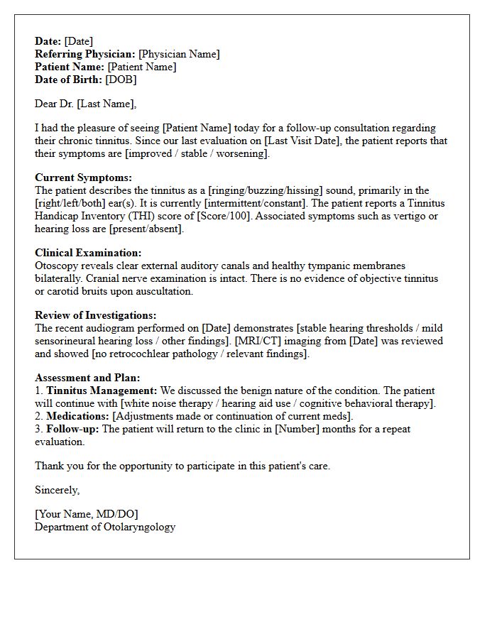 Otolaryngology Tinnitus Follow-Up Consultation Letter