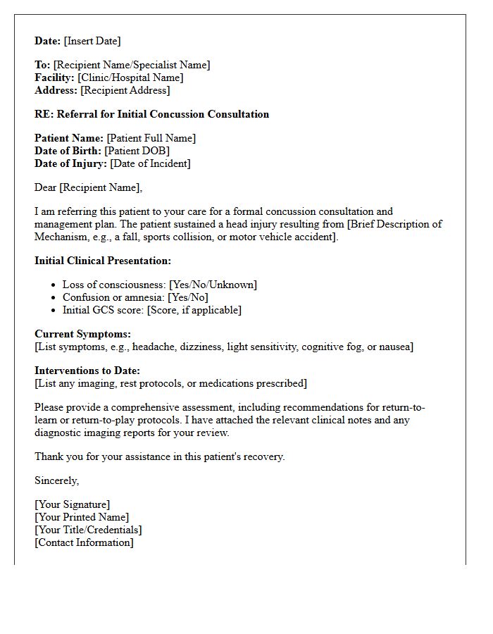 Initial Concussion Consultation Referral Letter