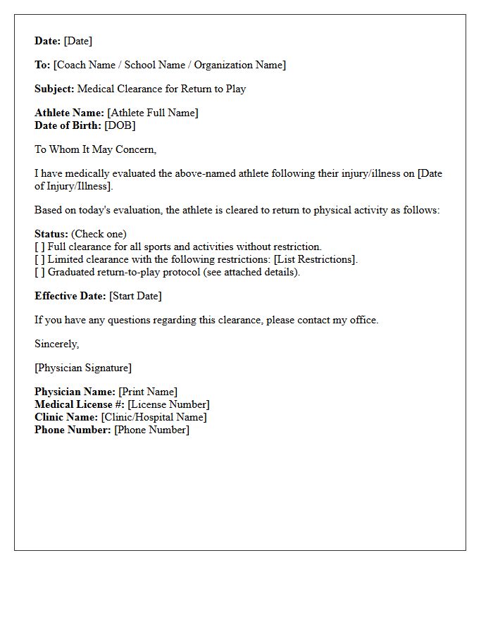 Return to Play Medical Clearance Letter