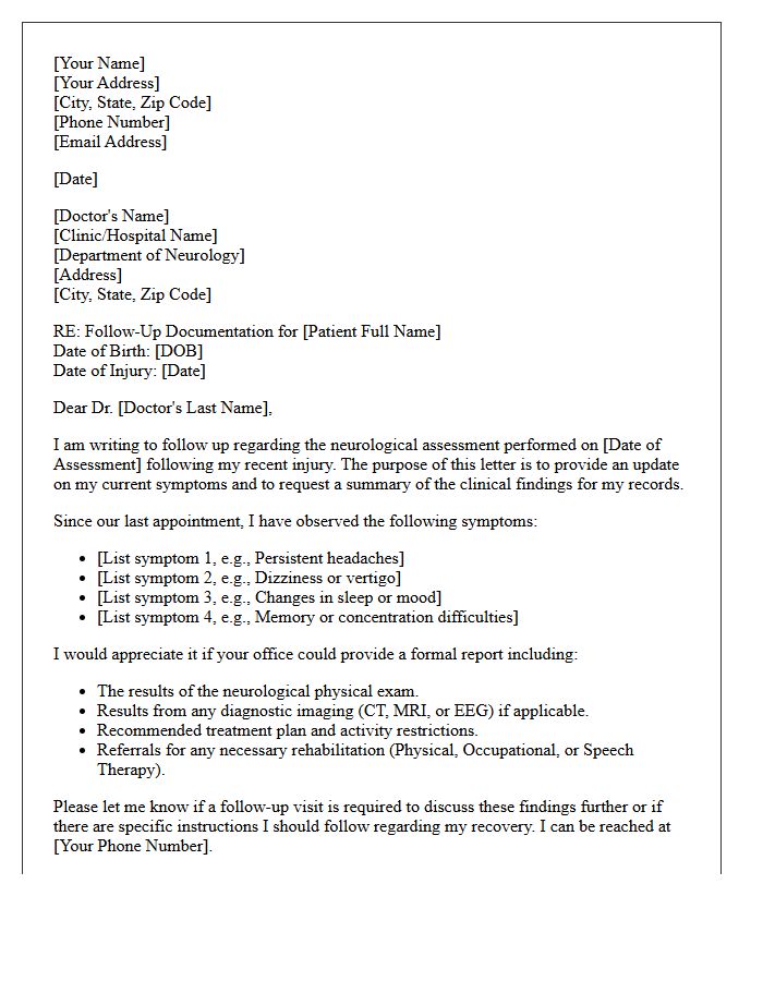Post-Injury Neurological Assessment Follow-Up Letter