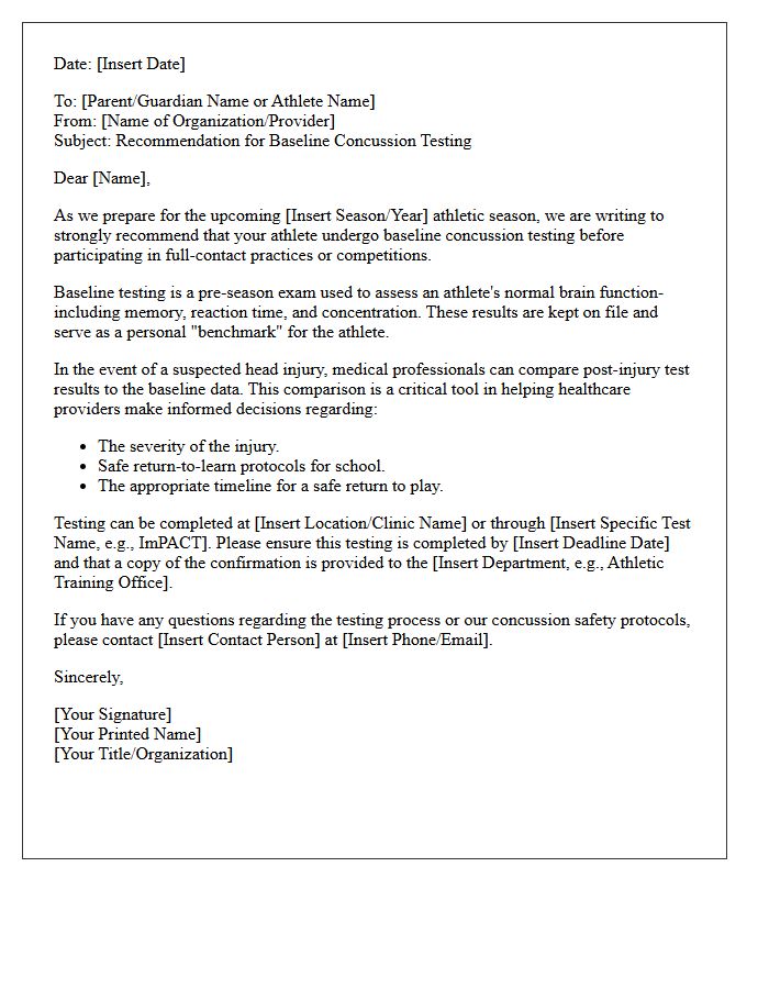 Baseline Concussion Testing Recommendation Letter
