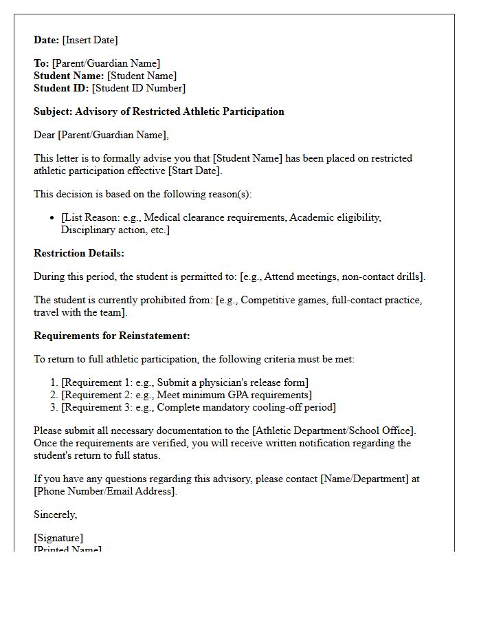Restricted Athletic Participation Advisory Letter