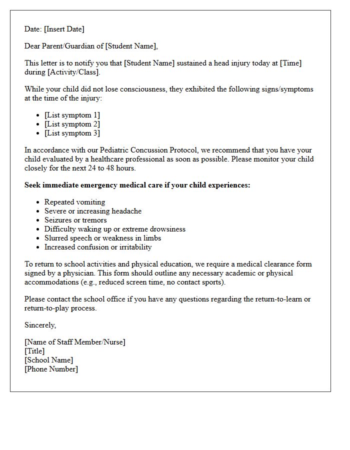 Pediatric Concussion Protocol Parent Notification Letter