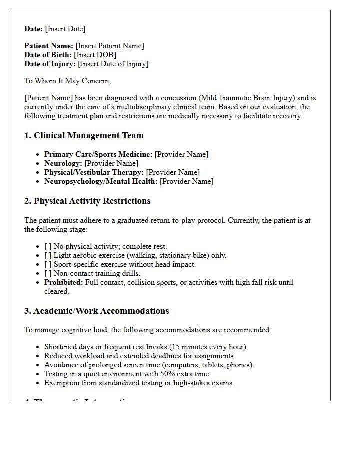 Multidisciplinary Concussion Treatment Plan Letter