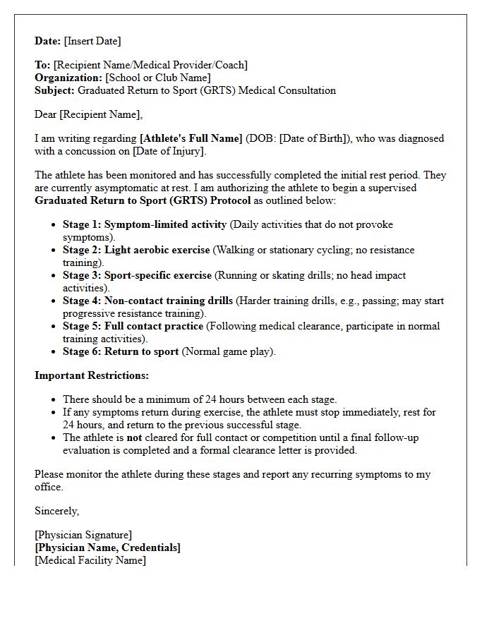 Graduated Return to Sport Protocol Consultation Letter