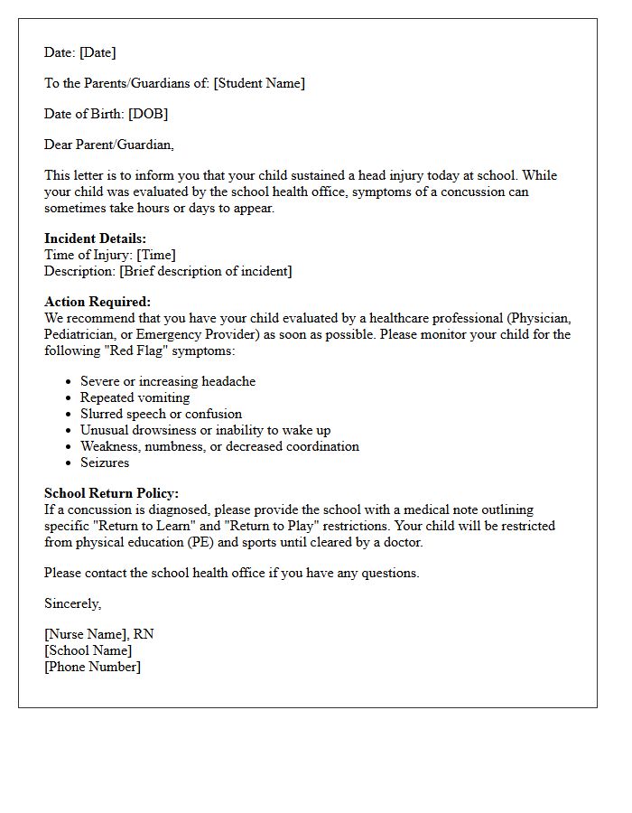 School Nurse Concussion Management Advisory Letter