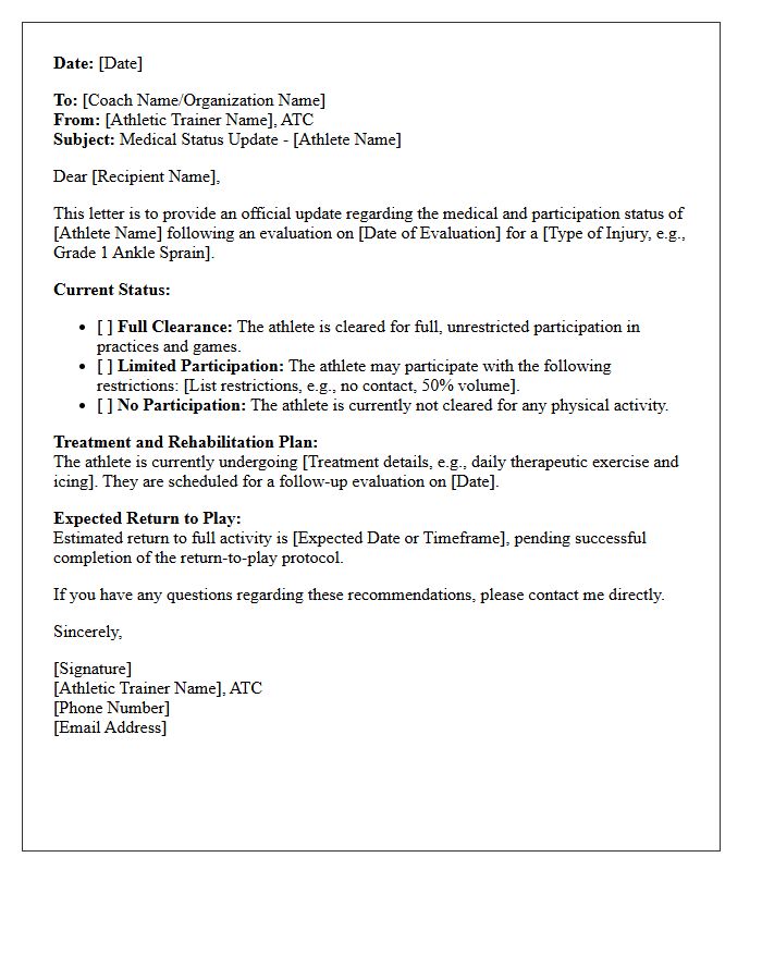 Athletic Trainer Medical Status Update Letter