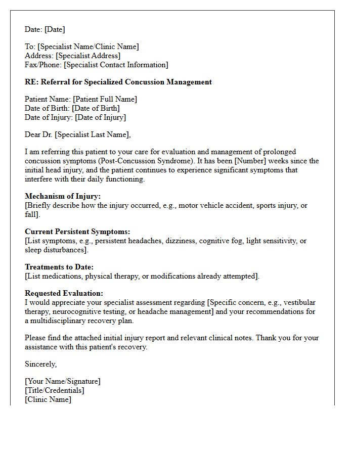 Specialist Referral for Prolonged Concussion Symptoms Letter