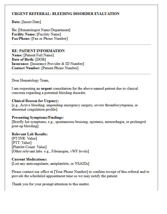Urgent Hematology Bleeding Disorder Consultation Request Letter