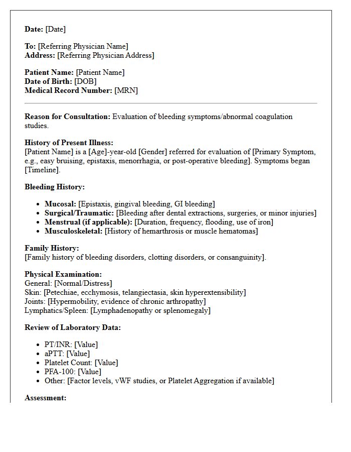 Comprehensive Hematology Bleeding Disorder Consultation Evaluation Letter