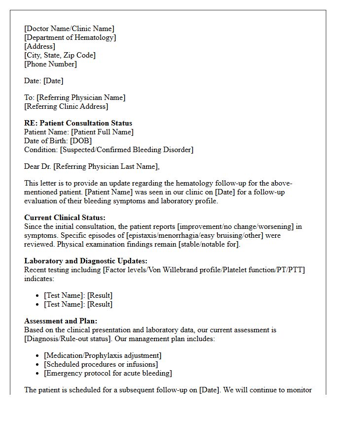 Follow-Up Hematology Bleeding Disorder Consultation Status Letter