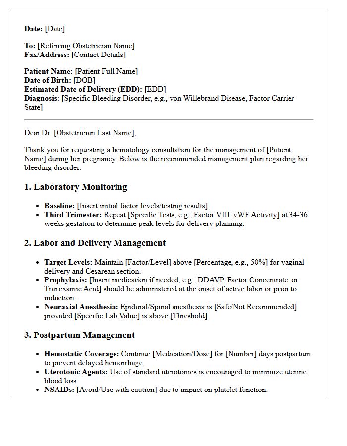 Obstetric Hematology Bleeding Disorder Consultation Management Letter