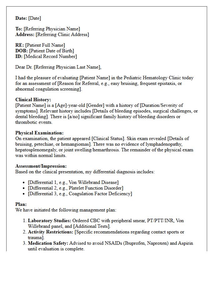 Pediatric Hematology Bleeding Disorder Consultation Assessment Letter